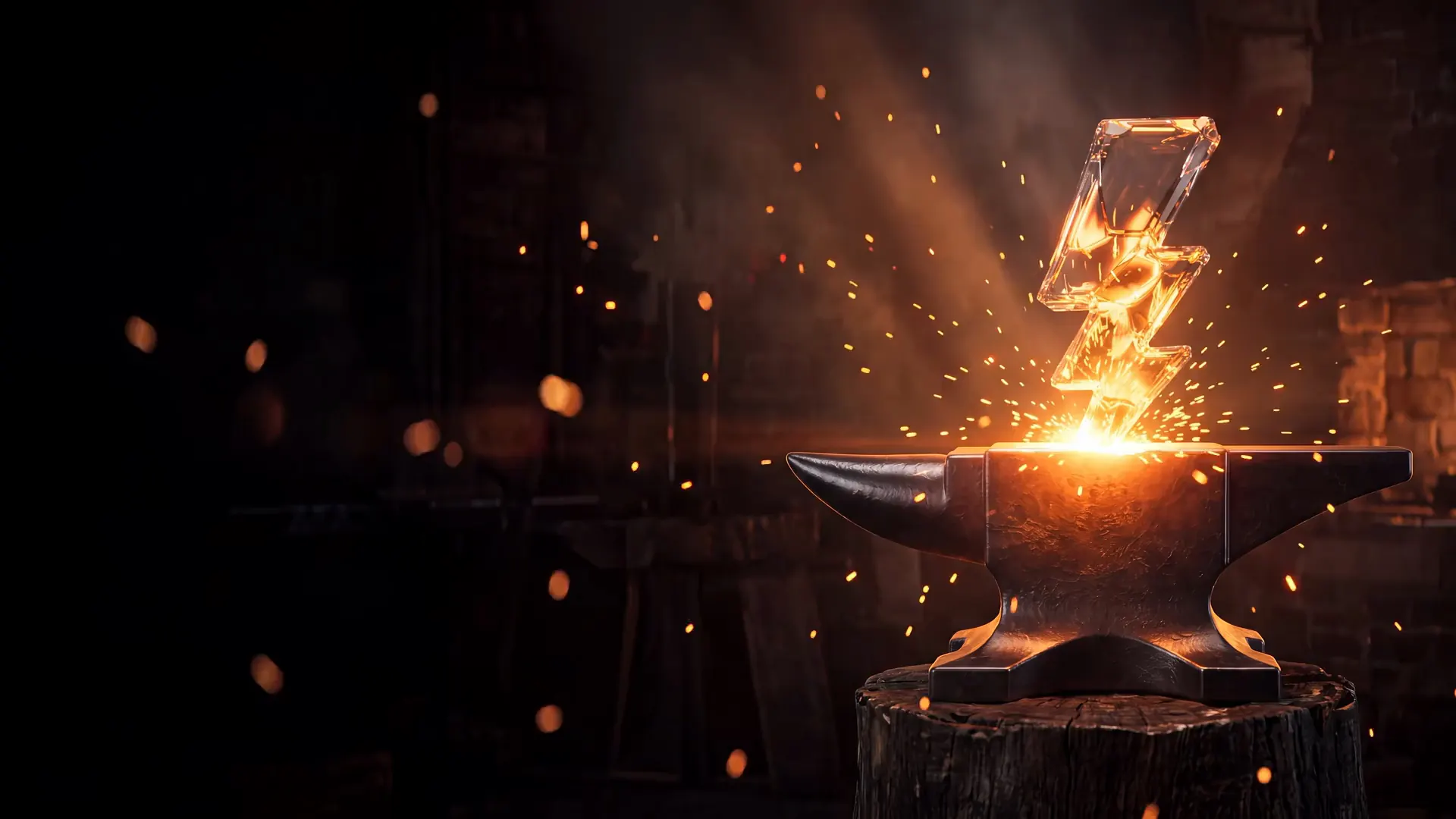 A glass lightning bolt driven into an anvil in a dark forge, throwing sparks